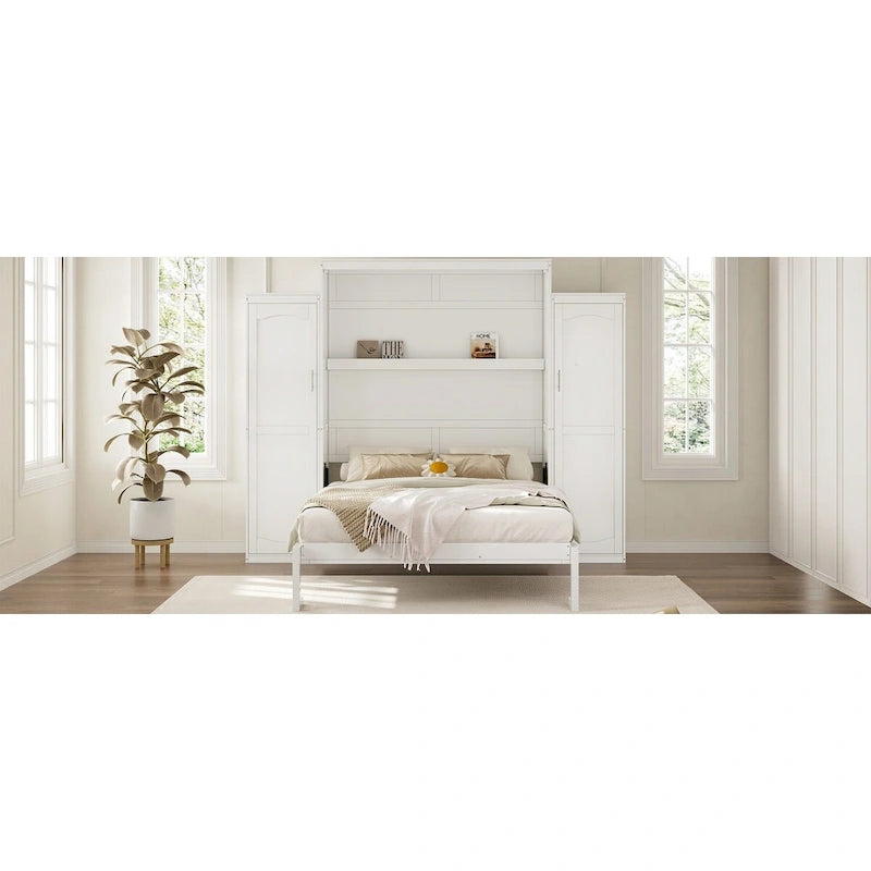 Queen Size Murphy Bed with Two Wardrobe and Storage Shelf
