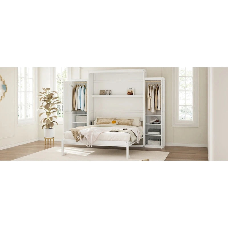 Queen Size Murphy Bed with Two Wardrobe and Storage Shelf