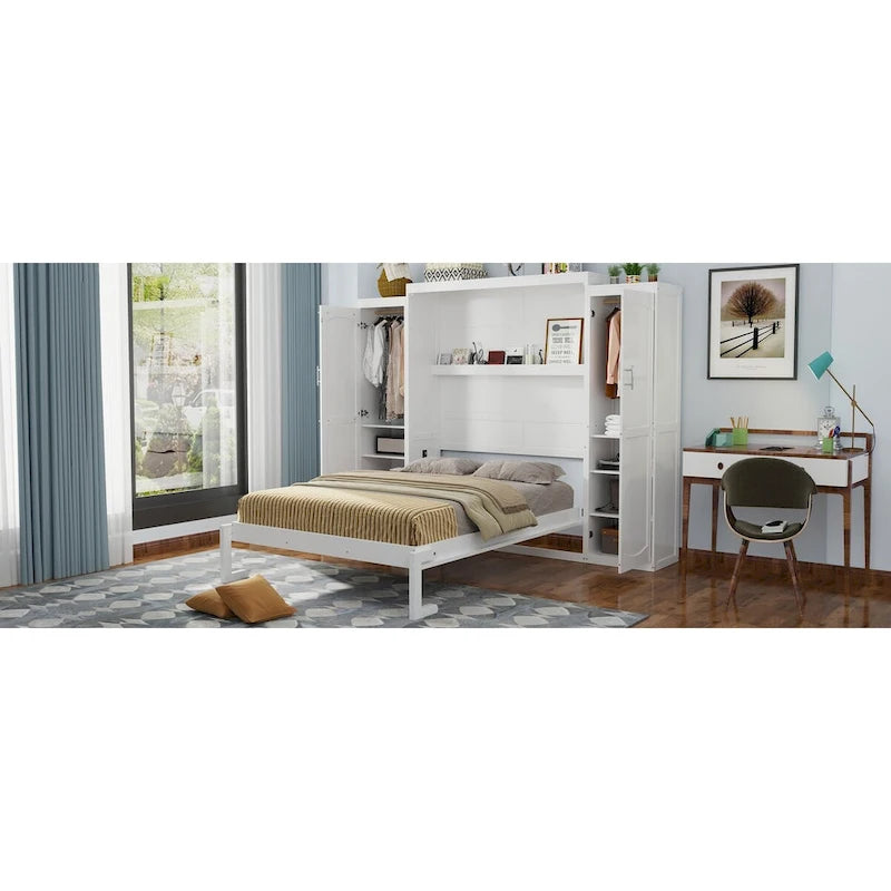 Queen Size Murphy Bed with Two Wardrobe and Storage Shelf