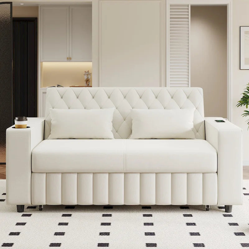 Transformable Chenille Fabric Sofa Bed with Adjustable Tufted Backrest, USB Ports, and Ample Storag