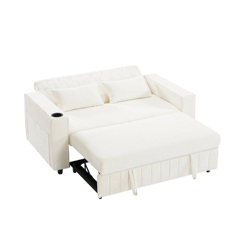 Transformable Chenille Fabric Sofa Bed with Adjustable Tufted Backrest, USB Ports, and Ample Storag