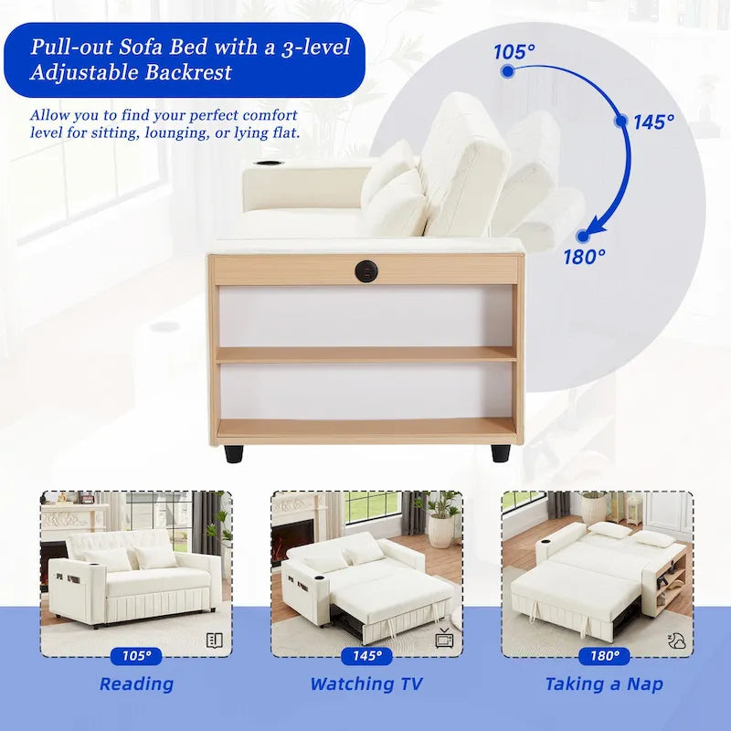 Transformable Chenille Fabric Sofa Bed with Adjustable Tufted Backrest, USB Ports, and Ample Storag