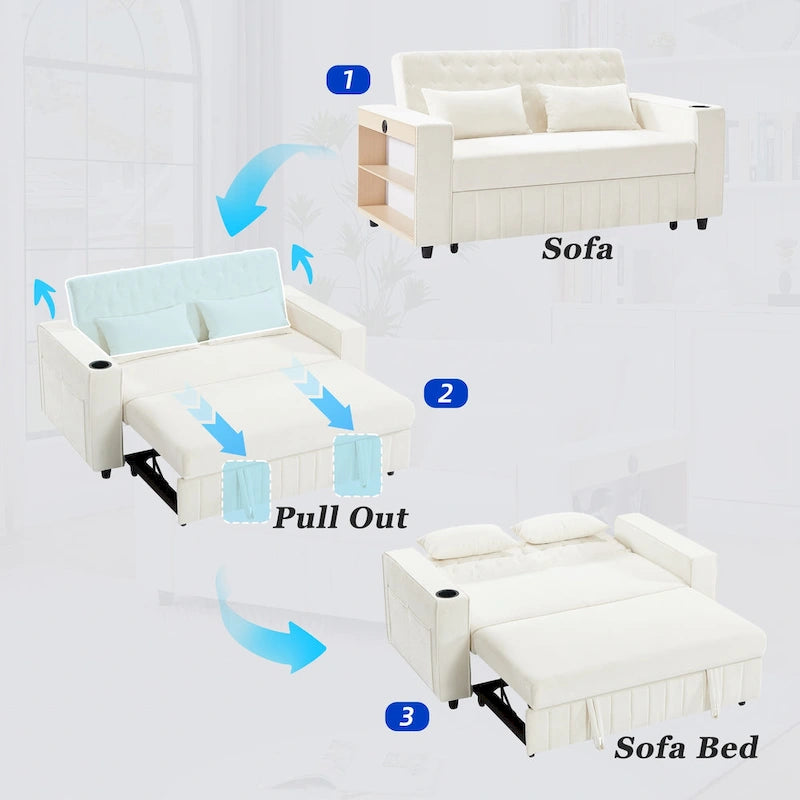 Transformable Chenille Fabric Sofa Bed with Adjustable Tufted Backrest, USB Ports, and Ample Storag