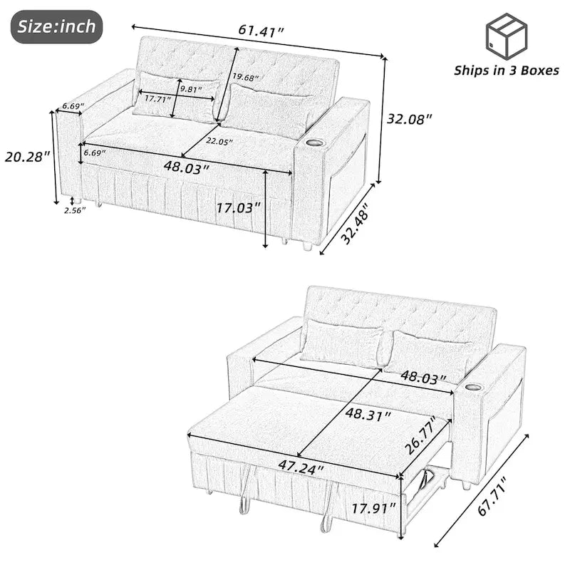 Transformable Chenille Fabric Sofa Bed with Adjustable Tufted Backrest, USB Ports, and Ample Storag