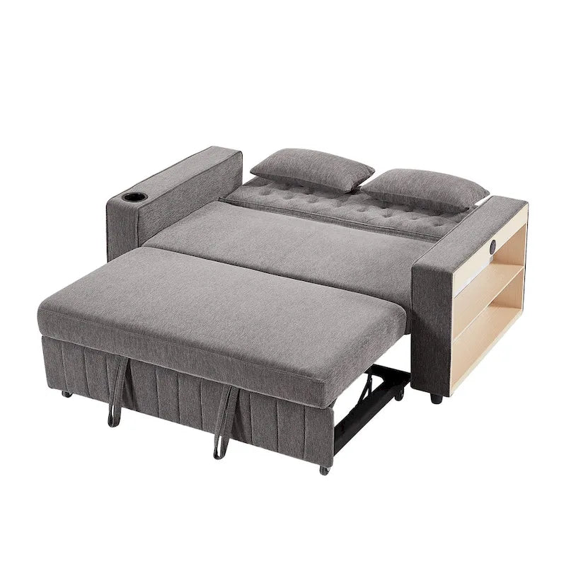 Transformable Chenille Fabric Sofa Bed with Adjustable Tufted Backrest, USB Ports, and Ample Storag