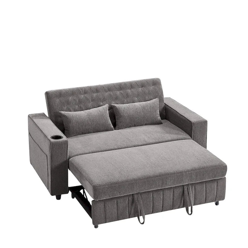 Transformable Chenille Fabric Sofa Bed with Adjustable Tufted Backrest, USB Ports, and Ample Storag