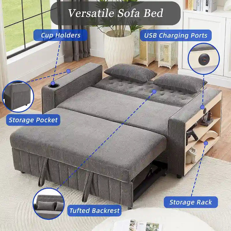 Transformable Chenille Fabric Sofa Bed with Adjustable Tufted Backrest, USB Ports, and Ample Storag