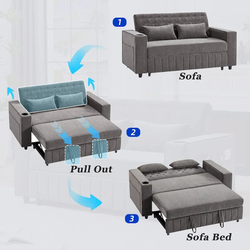 Transformable Chenille Fabric Sofa Bed with Adjustable Tufted Backrest, USB Ports, and Ample Storag