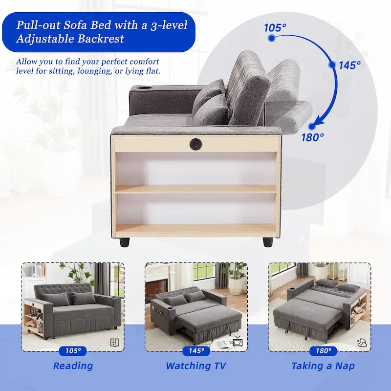 Transformable Chenille Fabric Sofa Bed with Adjustable Tufted Backrest, USB Ports, and Ample Storag