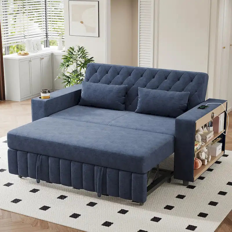 Transformable Chenille Fabric Sofa Bed with Adjustable Tufted Backrest, USB Ports, and Ample Storag