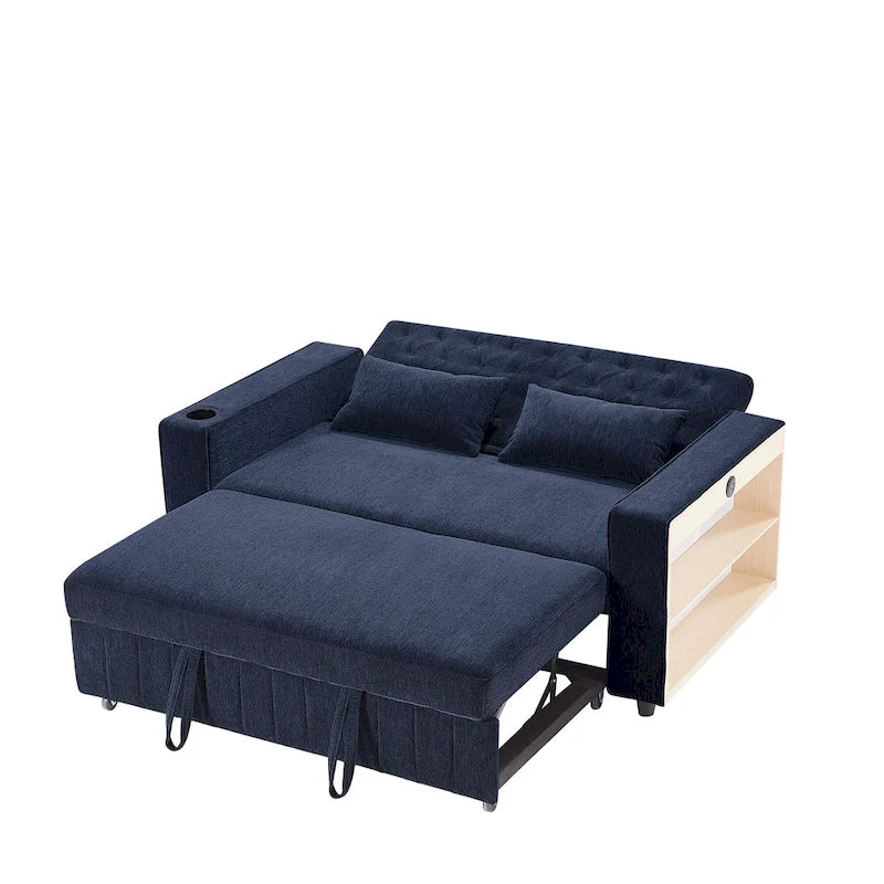 Transformable Chenille Fabric Sofa Bed with Adjustable Tufted Backrest, USB Ports, and Ample Storag