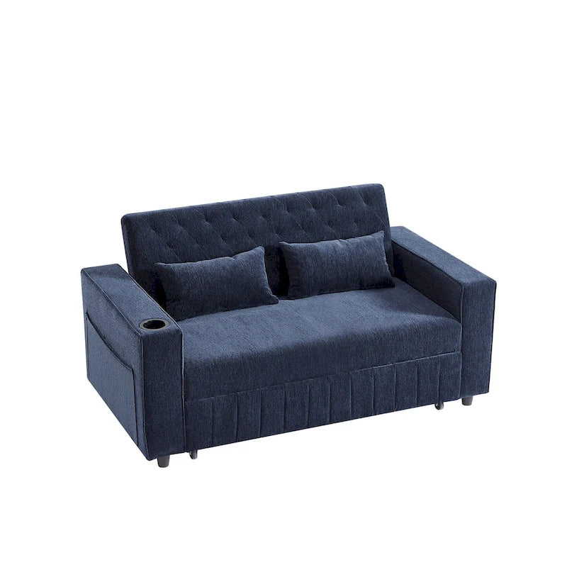 Transformable Chenille Fabric Sofa Bed with Adjustable Tufted Backrest, USB Ports, and Ample Storag