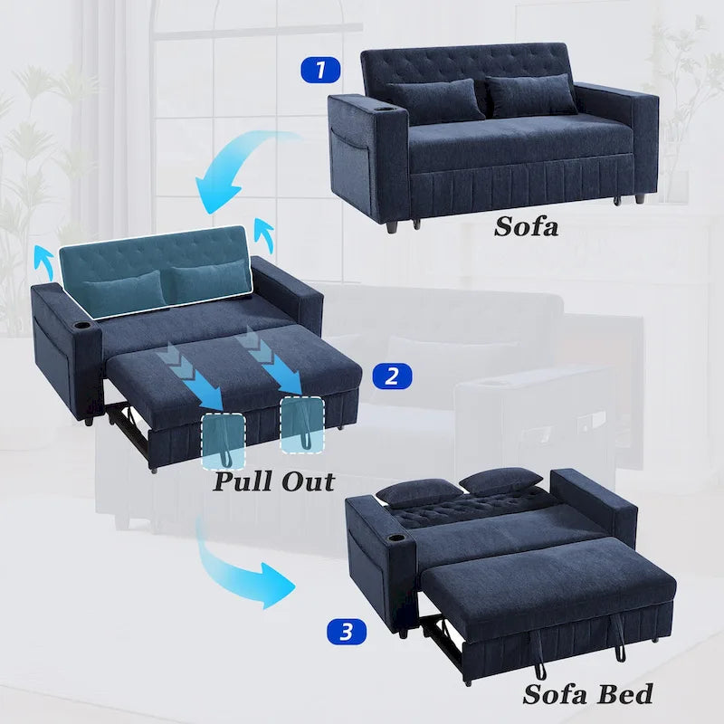 Transformable Chenille Fabric Sofa Bed with Adjustable Tufted Backrest, USB Ports, and Ample Storag