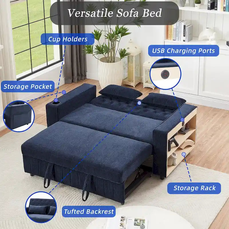 Transformable Chenille Fabric Sofa Bed with Adjustable Tufted Backrest, USB Ports, and Ample Storag