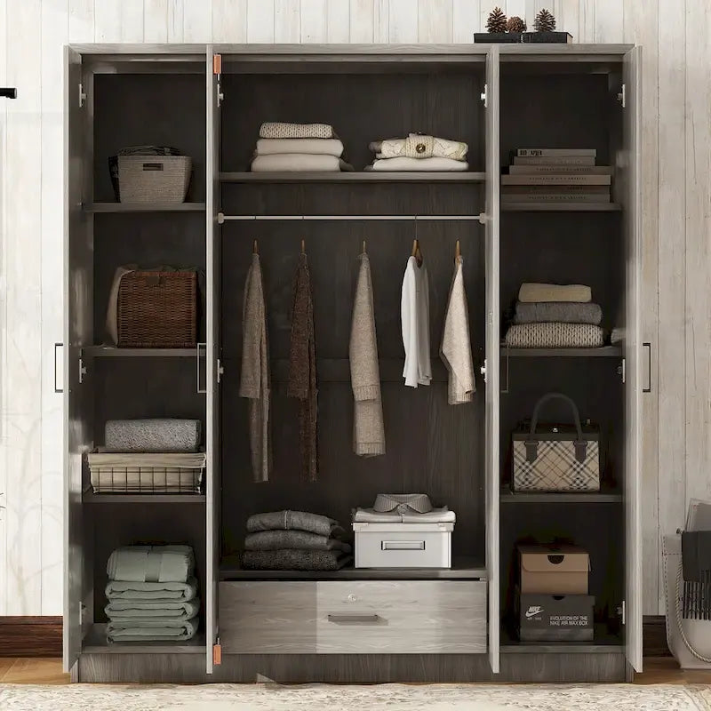 4-Door Wardrobe, Wood Free-Standing Cabinet Closet with Shelves and Drawer, Clothes Organizer for Bedroom Entryway - N/A