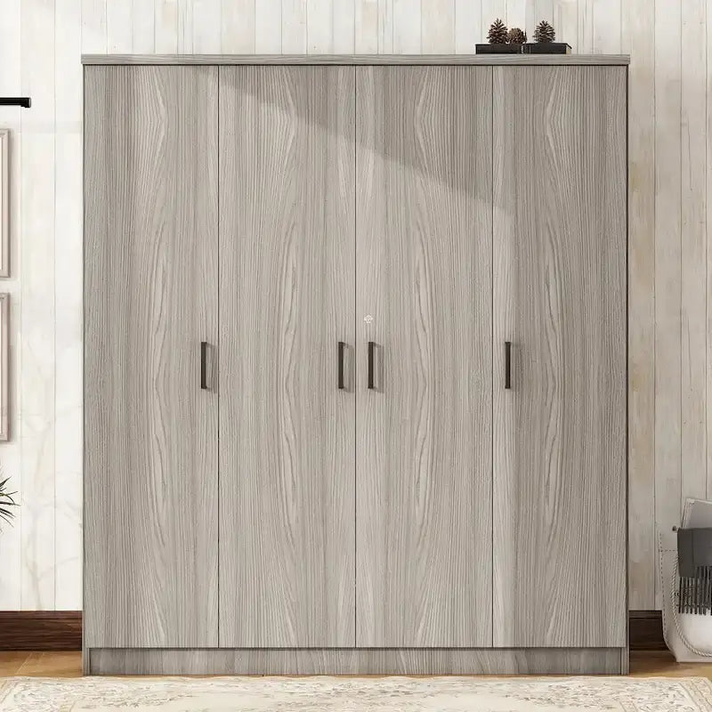 4-Door Wardrobe, Wood Free-Standing Cabinet Closet with Shelves and Drawer, Clothes Organizer for Bedroom Entryway - N/A