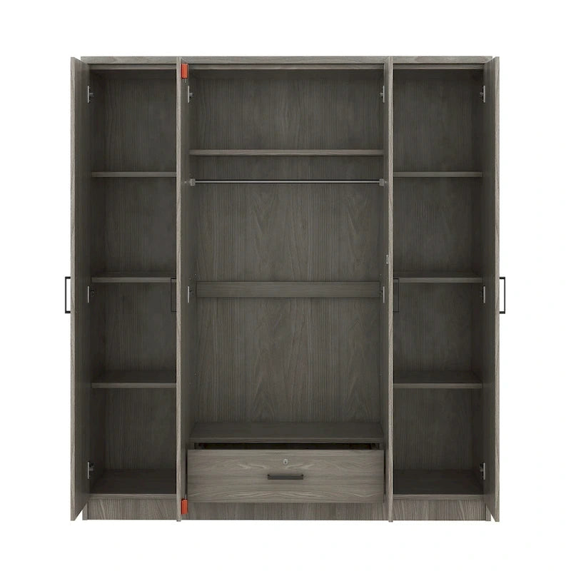 4-Door Wardrobe, Wood Free-Standing Cabinet Closet with Shelves and Drawer, Clothes Organizer for Bedroom Entryway - N/A