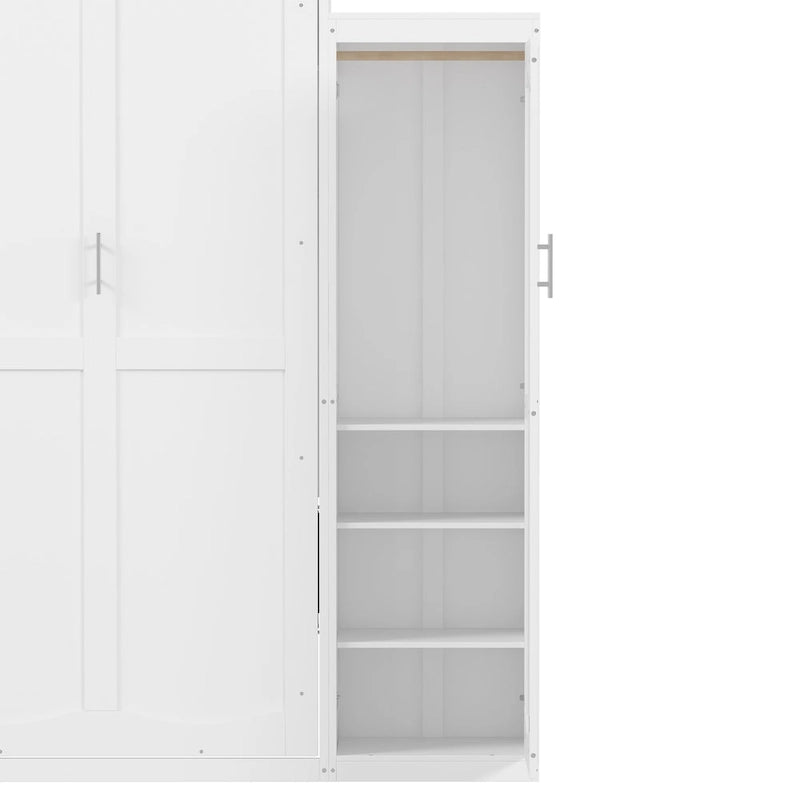 Queen Size Wood Murphy Bed with Two Wardrobe and Storage Shelf, Multifunctional Foldable Platform Bedframe
