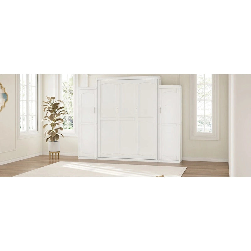 Queen Size Wood Murphy Bed with Two Wardrobe and Storage Shelf, Multifunctional Foldable Platform Bedframe