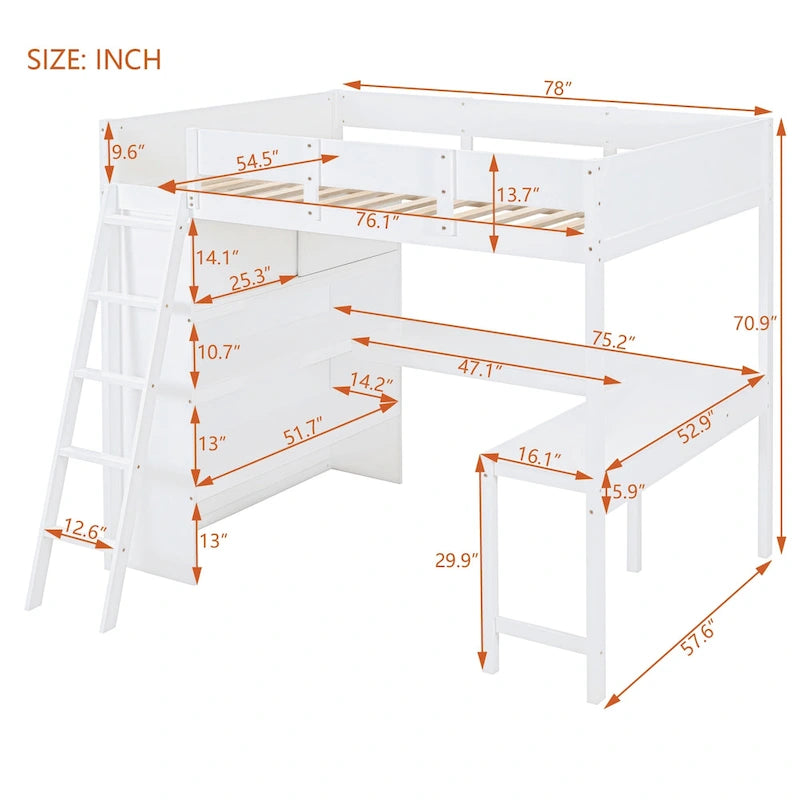 Full Size Solid Wood Loft Bed with Desk and Shelf for Kids