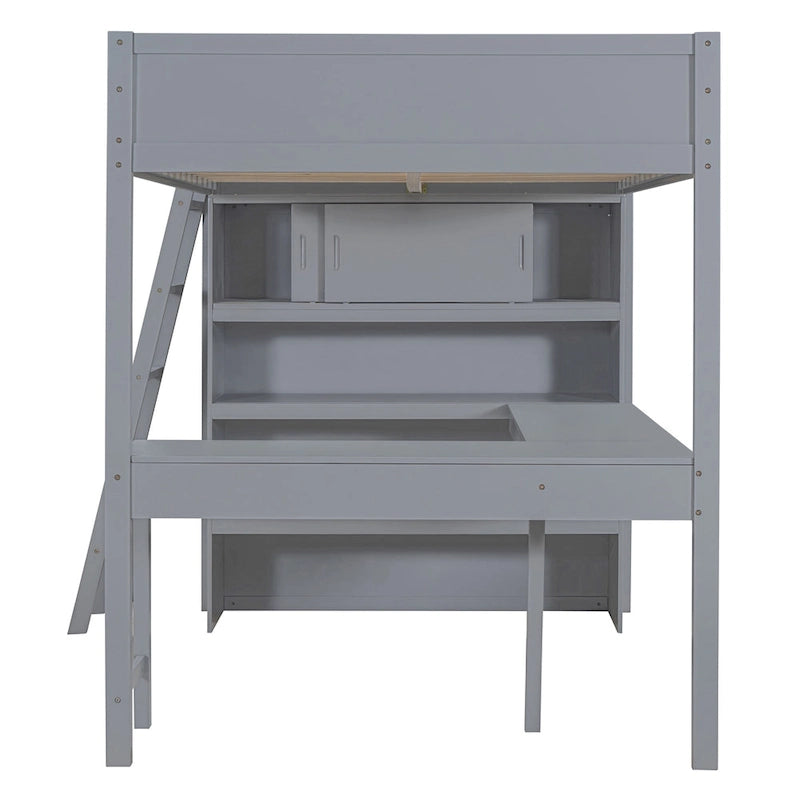 Full Size Solid Wood Loft Bed with Desk and Shelf for Kids