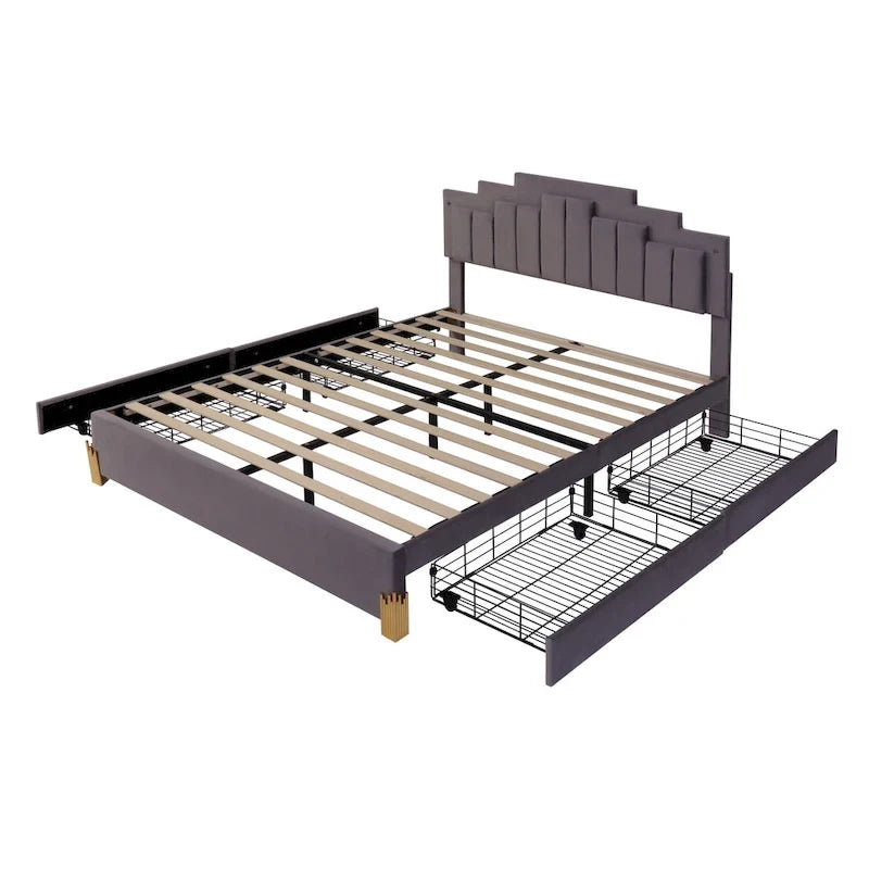 Queen Size Upholstered Platform Bed with LED Lights and 4 Drawers