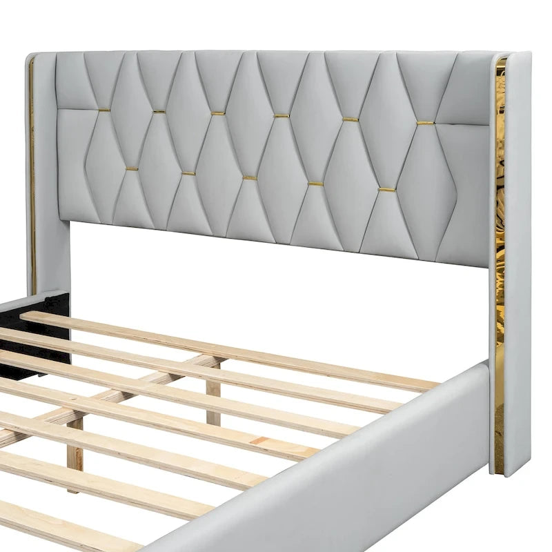 Full Size Upholstered Platform Bed with Metal Strips, Black