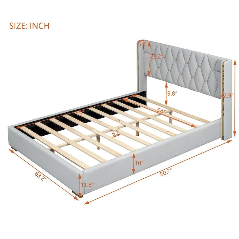 Full Size Upholstered Platform Bed with Metal Strips, Black