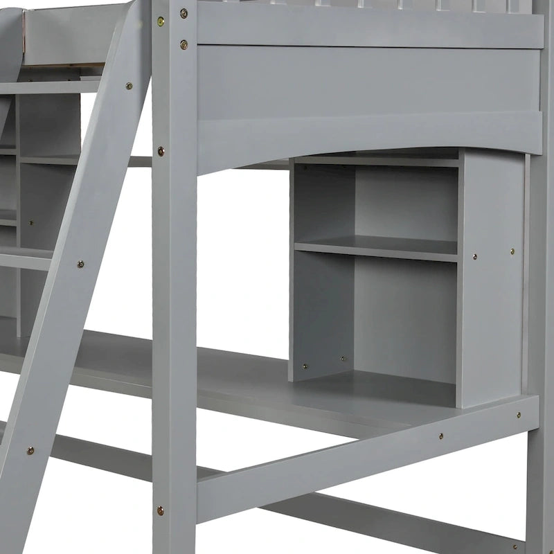 Twin size Loft Bed with Storage Shelves, Desk and Ladder