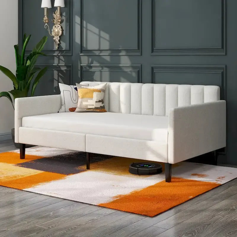 Same as Elena Twin Size Ivory Boucle Upholstered Daybed, Ribbed Tufted Backrest, Daybed in Lavish Modern Design