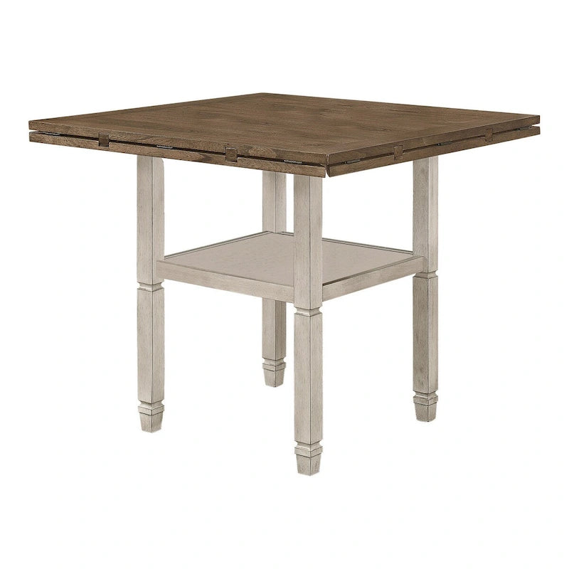 52-60 Inch Counter Height Table, Open Bottom Shelf, 4 Drop Leaves, Brown