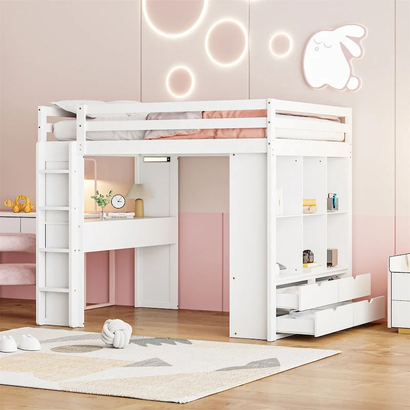 Merax Loft Bed with large shelves, writing desk and LED Light