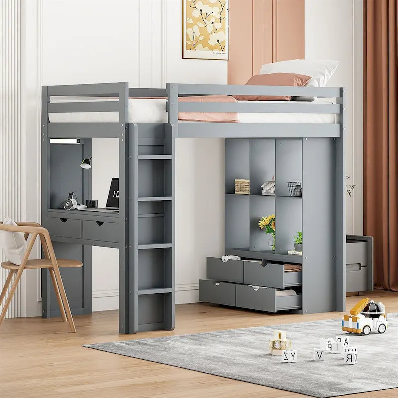 Merax Loft Bed with large shelves, writing desk and LED Light