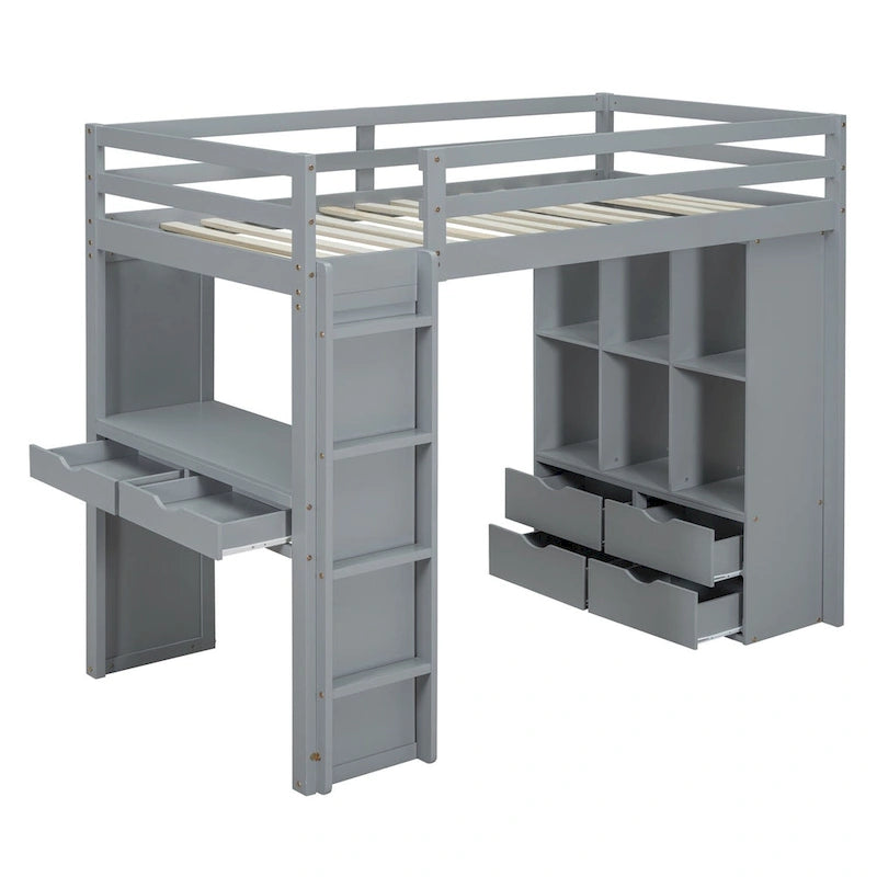 Merax Loft Bed with large shelves, writing desk and LED Light