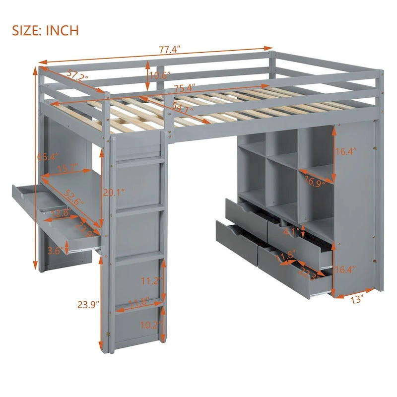 Merax Loft Bed with large shelves, writing desk and LED Light